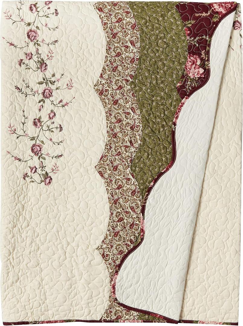 Brooke Embroidered Floral Quilted Bedspread, Lightweight Breathable All Seasons Bedding, King Size, Cream/Burgundy/Green