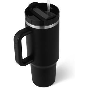 40 oz Tumbler with Handle Straw Lid Insulated Stainless Steel Vacuum Reusable Keep Drinks Cold Coffee Cup Holder Friendly Gifts for Women Men Lover Car Gym Travel, Black