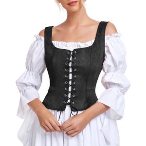 Century Star Black Corset Tops for Women Pirate Vest Renaissance Costume Women Ren Faire Medieval Victorian Floral Lace Up Steampunk Gothic Viking Bodice Crop Bustier Halloween Costumes Plus Size S