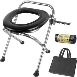 Portable Toilet for Camping, 350LB Capacity Stainless Steel Folding Toilet with Soft Seat & Bags, Collapsible Design for RV, Hiking, Road Trips, Boating, Outdoor