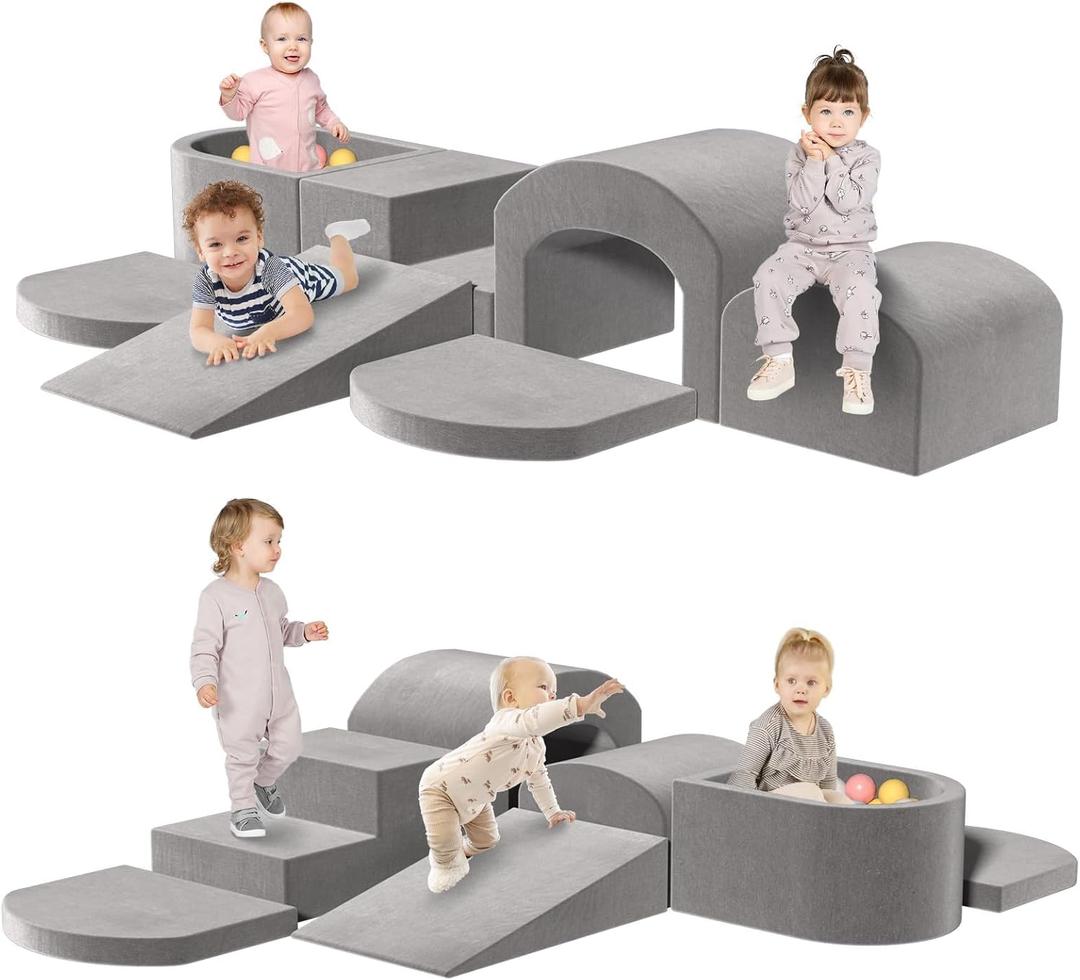Indoor Toddler Climbing Toys with Foam Ball Pit, 7-Piece Foam Climbing Blocks for Toddlers, Inside Crawling & Sliding Soft Play Set for Toddlers (Grey Dark)