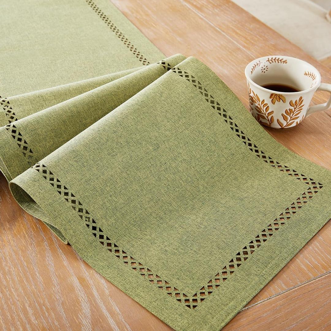 Burlap Style Farmhouse Table Runner, 13 x 48 Inch Sage Green, Rustic Geometric Hollow Table Runners 48 Inches Long for Dresser Table Everyday Use, 13x48 Inches, Sage Green
