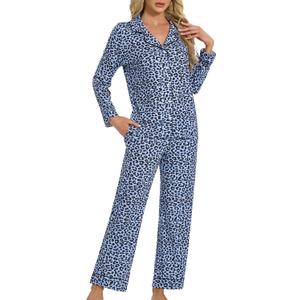 U2SKIIN Leopard Print Pajamas for Women Notch Collar Long Sleeve Pjs Button Down Soft Sleepwear 2 Piece Lounge Sets(Dark Gray Leopard-Blue, 2XL)