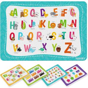 NiBaby Kids' Non Slip Educational Placemats Set of 4 Washable, Children's Interactive Placemats Foldable, Toddler Placemats for Learning Alphabet, Numbers, Shapes, Colors- Durable Reusable PU Leather