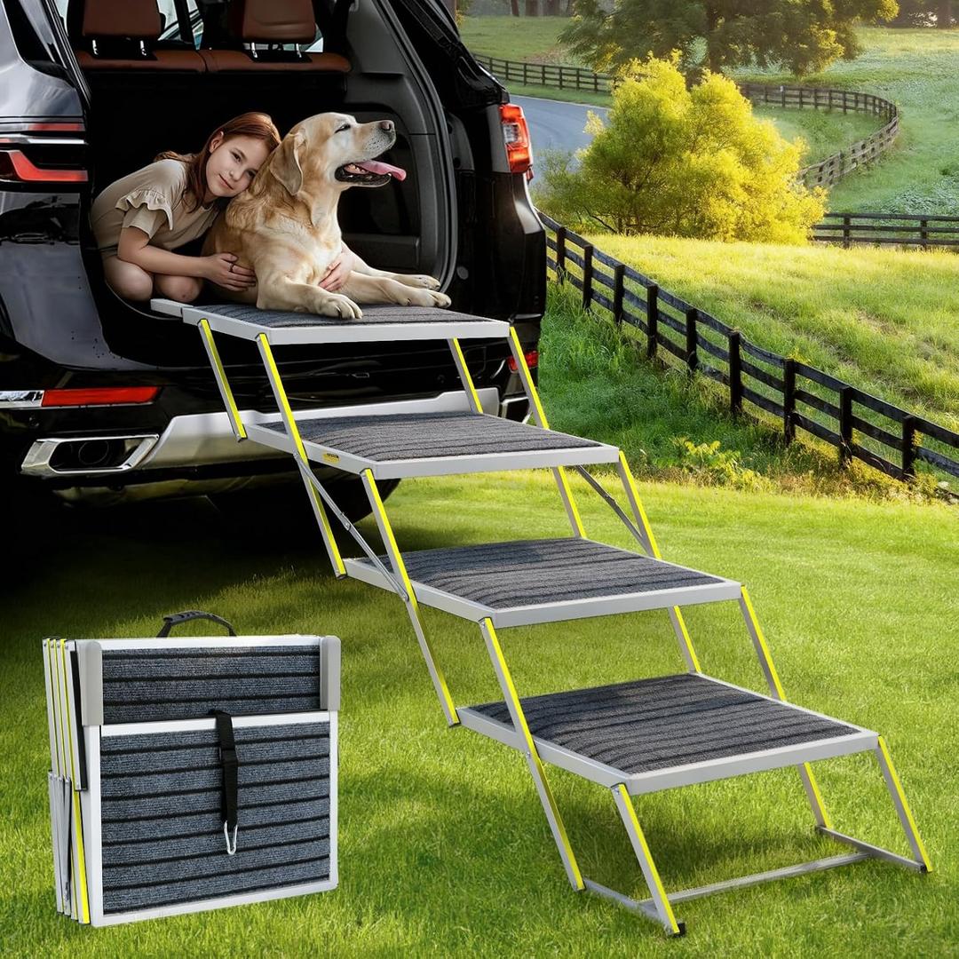 Dog Stairs for Large Dogs - Reflective 20" Wide Dog Car Ramp, 4-Step Aluminum Stairs with Non-Slip Carpet - Foldable Design for Trucks/SUVs/Beds - Heavy Duty 200Lbs Capacity for Large Breeds