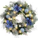 WANNA-CUL Pre-Lit 24 Inch Christmas Wreath for Front Door Silver Blue Lighted Christmas Door Wreath Decoration with Ball Ornaments, Poinsettia Flowers,Pine Cones, Battery Operated 30 LED Lights (01-sliver Blue)