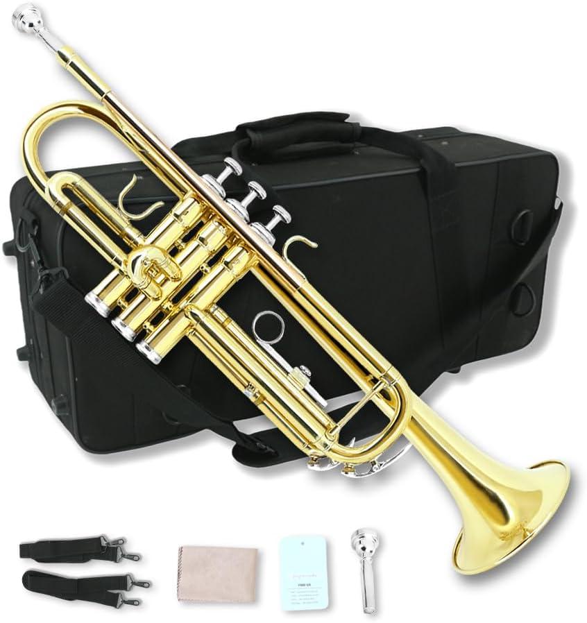 Bb Trumpet for Beginners, Standard B Flat Trumpet with 7C Mouthpiece, Hard Case, Gloves & Cleaning Cloth, Student Brass Instrument (Golden)