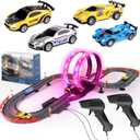 Slot Car Race Track Set, 19ft Electric Track with LED Lights and 4 Slot Cars, 2 Hand Controllers and Racing Game Lap Counters, Set Features Loop, Turns, and Crossover for Boys Age 612