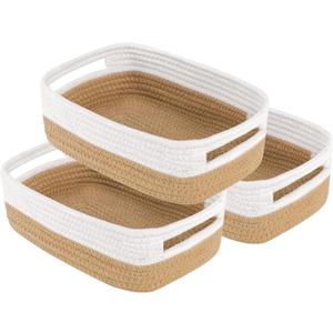 Small Basket with Gift Bags and RibbonsSmall Woven Basket Cute Oval Cotton Rope Gifts with Handle Empty Baby Wicker Storage Basket for Baby Showers Pet Toy Bin (White brown, 3 Pack (12"x 8"x 5"))