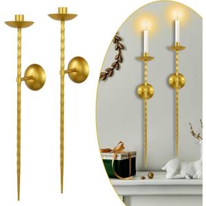 lobolighting Candle Sconces Long Wall Candle Holder Set of 2 Gold Candle Wall Sconce Twisted Candle Holder Decoration for Dining Room, Fireplace, Living Room, Stairway (Gold, 23.6 Inch)