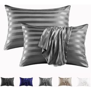 MR&HM Satin Pillowcase for Hair and Skin, Silk Satin Pillowcase 2 Pack, King Size Pillow Cases Set of 2, Silky Pillow Cover with Envelope Closure (20x36, Dark Grey Striped)