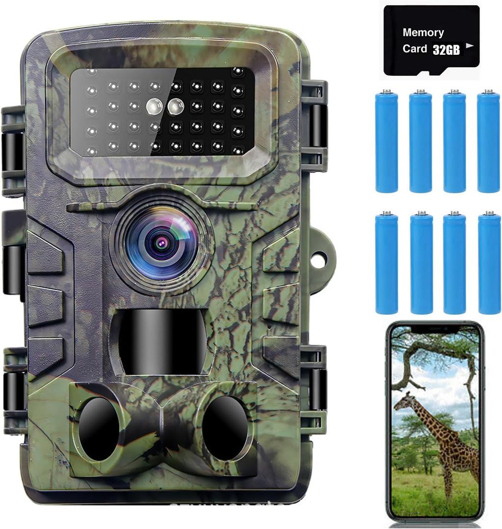 Trail Camera, 52MP 2.7K Game Camera with Low Glow Night Vision, 0.1s Trigger Speed 120 Wide-Angle Motion Activated IP66 Waterproo with 32GB SD Card