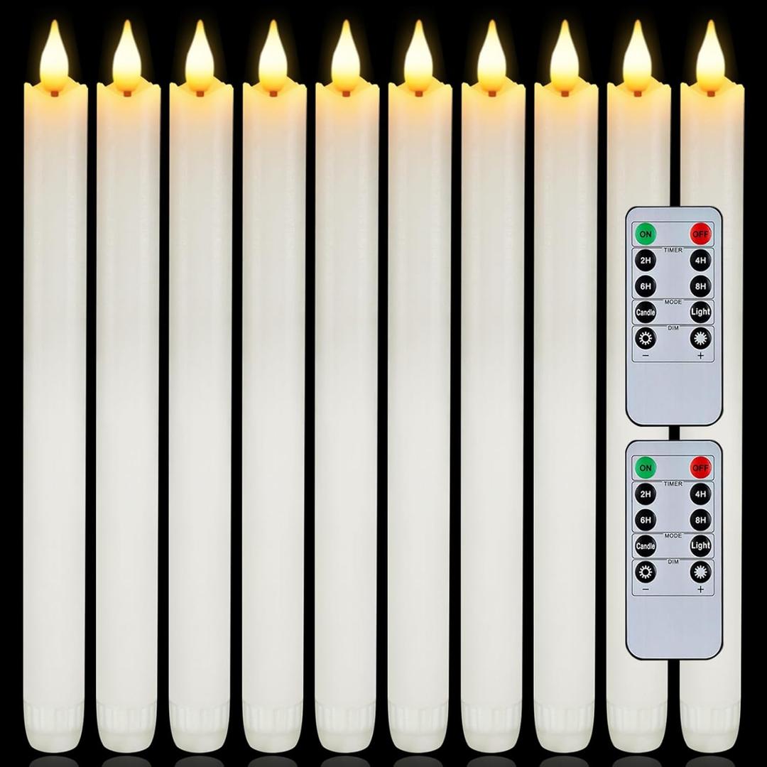Homemory 12 Pcs Waxy Flameless Taper Candles with Remote, Flickering Battery Operated Taper Candle, Led Flameless Candlesticks Classic Tall Taper Candles for Home, Wedding, Party, White, 9.6 inches