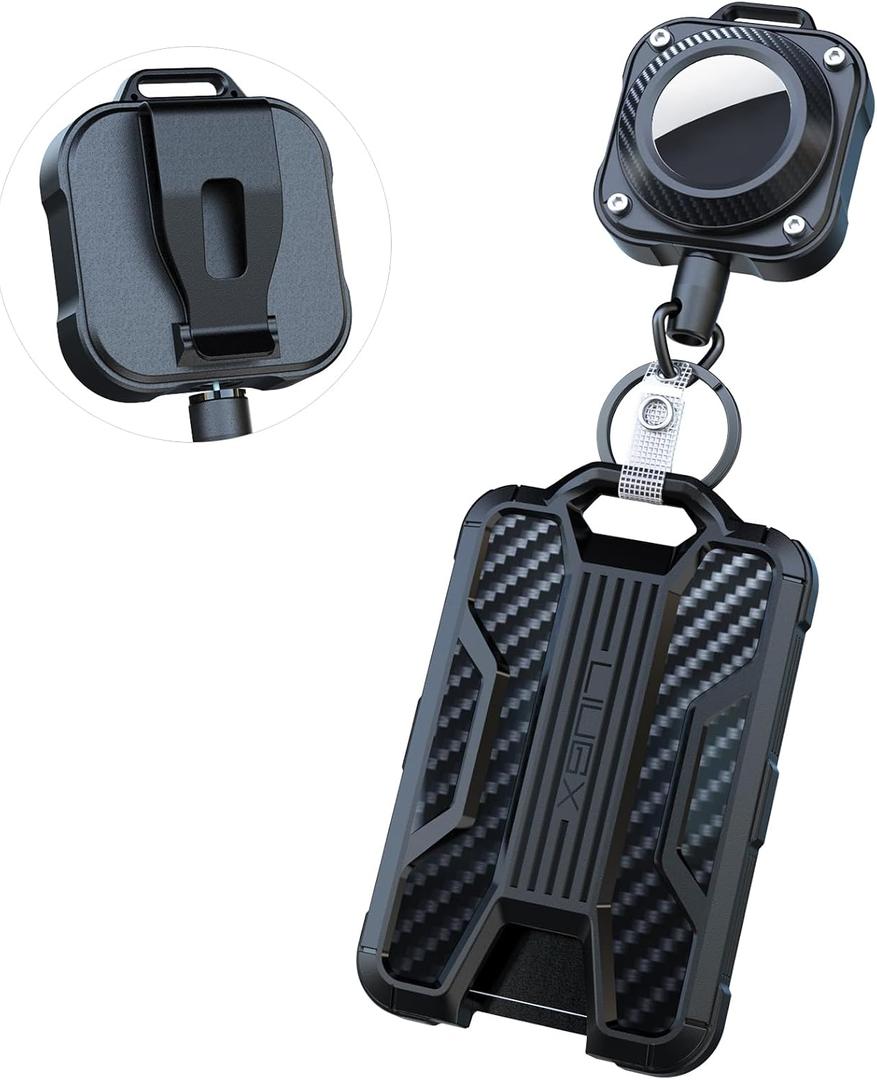 LIUGX Badge Holder with Airtag Retractable Keychain, Belt Clip Ver, Heavy Duty for Airtag Holder/Case, ID Card Holder (Holds 4 Cards), Badge Reel with 31.5 Wire Rope, 10,000+ Rebound, 8oz