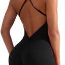 YEOREO Backless Tummy Control Jumpsuits for Women One Piece Workout Jumpsuits Sleeveless V Back Lizvette Scrunch Yoga Rompers M