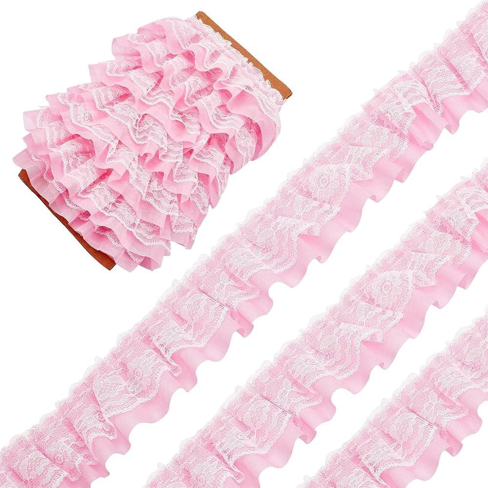 GORGECRAFT 11 Yards Pink Double-Layer Pleated Chiffon Lace Trim 5cm Wide 2-Layer Gathered Ruffle Trim Edging Tulle Trimmings Fabric Ribbon Jacquard lace for DIY Sewing Crafts Pillowcase Embellishments