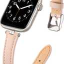 STIROLL Thin Leather Band Compatible with Apple Watch Bands 41mm 40mm 38mm 42mm,  Women, Stylish Top-Grain Leather Strap Slim Wristband for iWatch SE3/2/1 Series 9 8 7 6 5 4 3 2 1, Pinksand/Starlight, Size: 38mm 40mm 41mm 42mm(series 12 11 10)