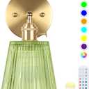 Battery Operated Wall Sconce,Vintage Battery Wall Light with Remote Dimmable Wireless Wall Sconces with Glass Lampshade Rechargeable, Led Wall Lamp Fixtures for Bedroom, Living Room (Stripe Green)