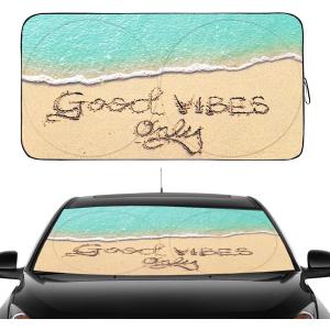 Gven Windshield Sun Shade, Car Front Window Shades Cute Sunshade Windshield Cover Sun Visor Shield Block Automotive Interior Protector Blocks UV Rays for Car Pickup Truck SUV (Good Vibes, L)