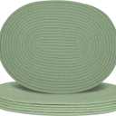 Oval Woven Placemats Set of 6, Boho Cotton Rope Braided Table Mats, 17x13 Inches Non Slip Heat Resistant Place Mats for Dining Room, Thick Hot Pads for Farmhouse Kitchen Table Decor. (Green)