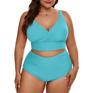 Eytino Womens Plus Size Bikini Sets High Waisted V Neck Bahting Suits Two Piece Color Block Swimsuits (XXL)