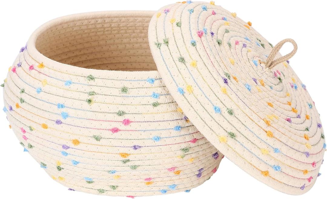 Sea Team Round Cotton Rope Storage Basket with Lid, Colorful Rainbow Pompom Woven Storage Bin, Pot, Caddy, Organizer, Container for Snacks, Towels, Plants, 10 x 7.5 Inches (Small, Rainbow)