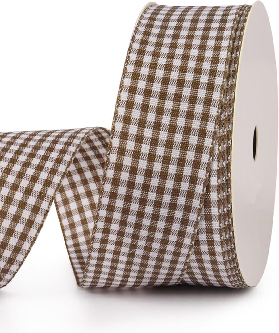 VIVIQUEN Gingham Ribbon Checkered Ribbon 1-Inch Wide Taffeta Plaid Ribbon 25 Yard Long 100% Polyester Woven Edge (Brown, 1 Inch)