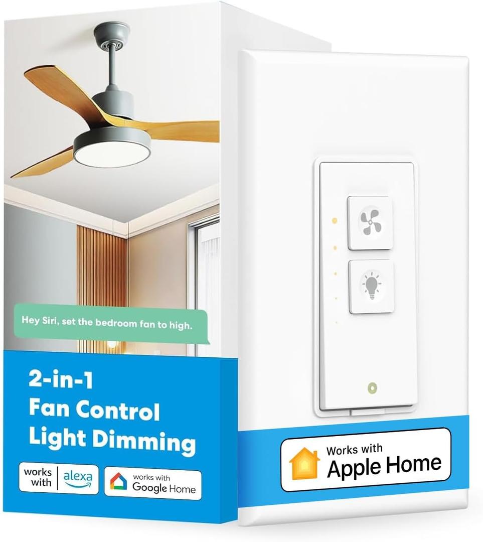 Meross Smart Ceiling Fan Control & Dimmer Light Switch, Works w/Apple HomeKit, Alexa, Google & SmartThings, 4-Speed Fan Control, 2.4G Wi-Fi Fan and Light Switch Combo, Neutral Wire Needed, Single Pole (1 pack)
