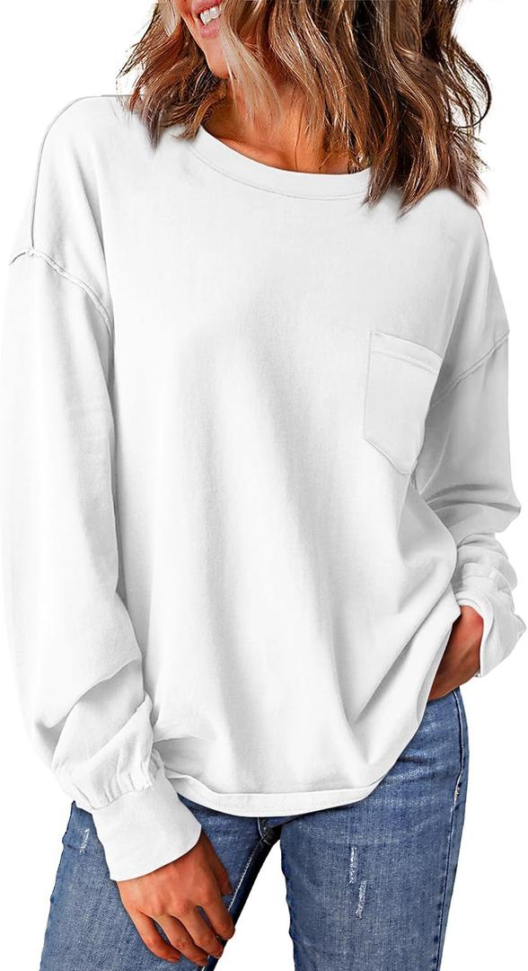 WIHOLL Womens Long Sleeve Shirts Fall Tops Casual Crewneck Loose with Pocket Trendy Clothes (White, M)