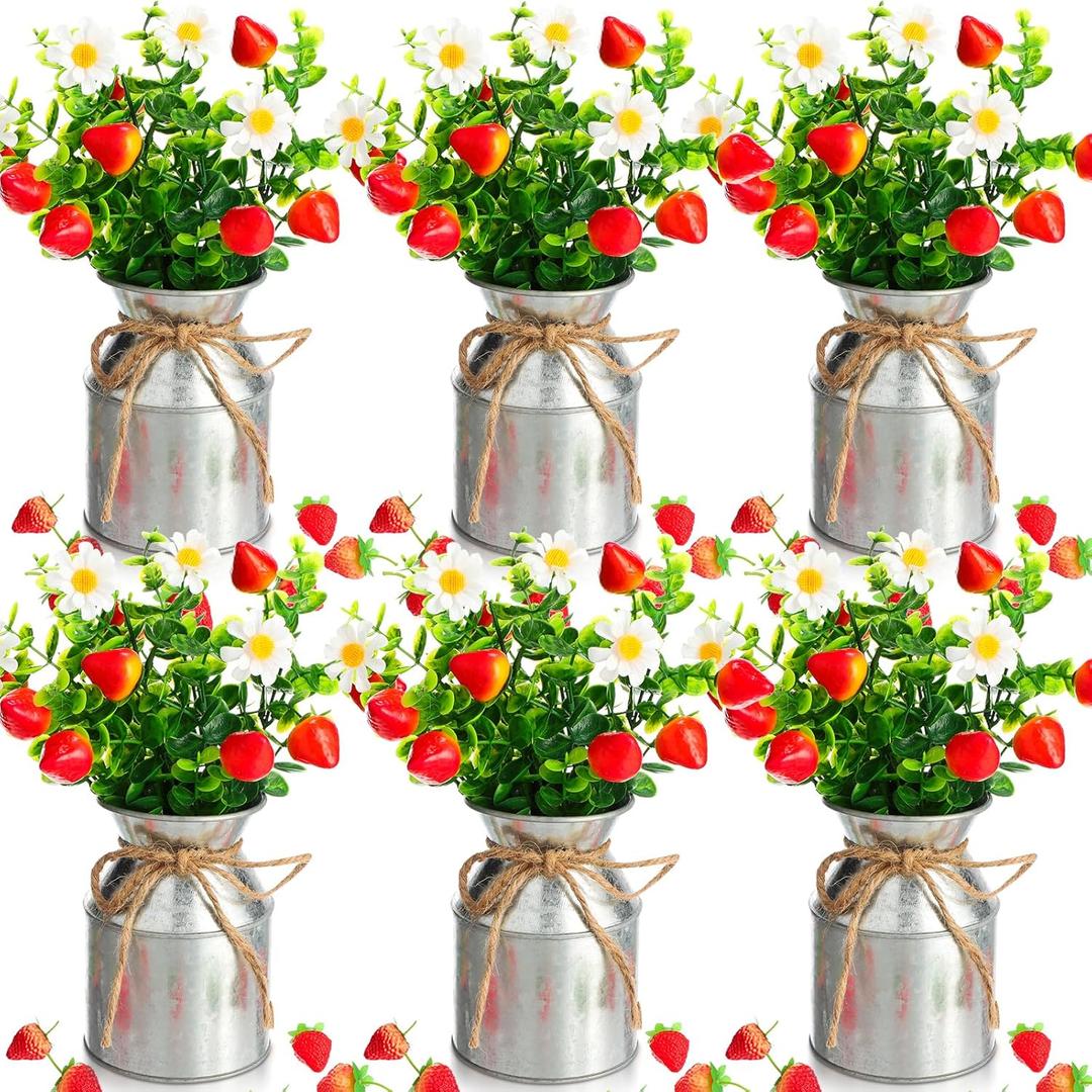 6 Sets Summer Strawberry Centerpieces for Tables Artificial Strawberry Daisy Plants with Vase and Fake Strawberries Berry Farmhouse Sweet Baby Shower Decor for Home Party Wedding Kitchen