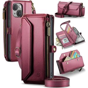 Strapurs Wallet Case Compatible with iPhone 15 RFID Blocking 7-Card Holder Soft PU Leather Magnetic Snap Shoulder Strap Zipper Pocket Phone Case Fit for iPhone 15 for Women 6.1" - Wine Red