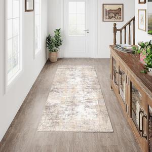 WondRg 2x5 Washable Runner Rug Beige Grey Abstract Hallway Kitchen Throw Rug Neutral Modern Non Slip Soft Low Pile Carpet for Bathroom Laundry Bedroom Living Room
