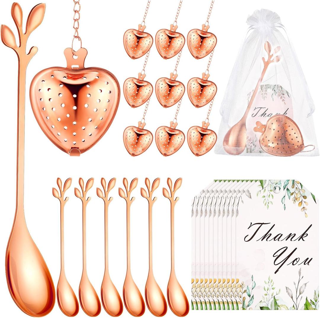 25 Sets Bridal Shower Tea Party Favor for Guest Leaf Tea Spoon Heart Shape Infuser Ball for Loose with Thank You Card Organza Bag Wedding Souvenir Gift(Rose Gold)