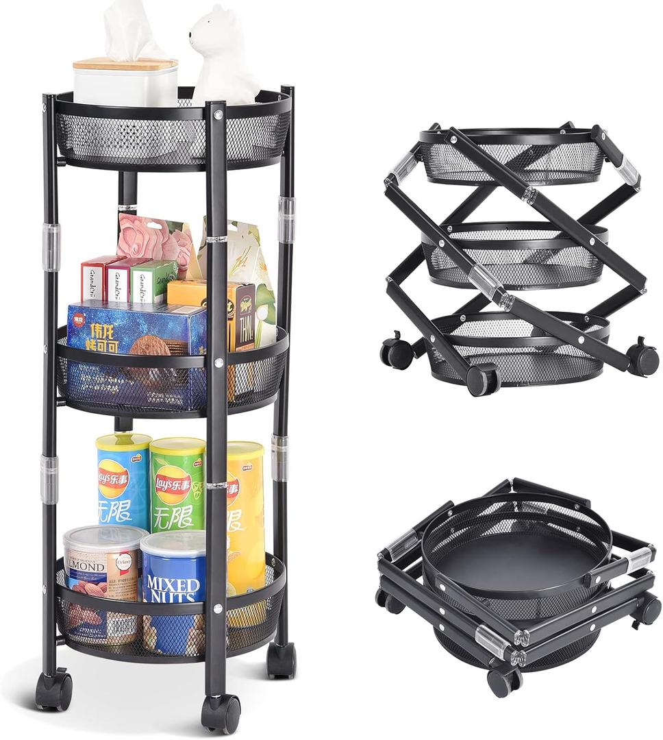 TOOLF 3-Tier Foldable Rolling Cart, Collapsible Metal Utility Cart with Wheels, Assembly-Free, Round Storage Organizer Trolley for Kitchen, Bathroom, Dorm, Nursery, Black