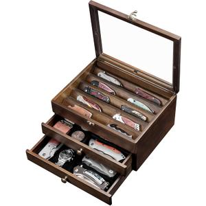 amoard Knife Display Case, Knife Collection Display Holder with Glass Lid, 3-Layer Wooden Pocket Knife Case with Drawers (Walnut)