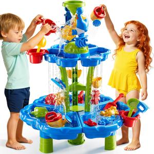 2-Tier Sand and Water Table Toys for Kids Aged 3 4 5 6 7 8, Water Waterfall Sensory Play Table with Beach Toys Accessories, Outdoor Activity Playset for Toddlers 2-4 3-5 4-6, Birthday Gifts