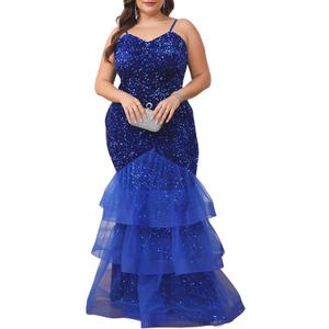 dasmzper Women Sexy Sleeveless Sequin Mesh Patchwork Maxi Dress Plus Size Sling Cocktail Party Formal Gowns (Blue). 5XL