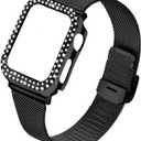 JOYOZY Stainless Steel Mesh bands Compatible For Apple Watch 40mm, Women Bling Protective Crystal Diamond Case with Loop Mesh Strap For Apple Watch Series 6/5/4/SE (No Tool Needed) (Black, 40MM)