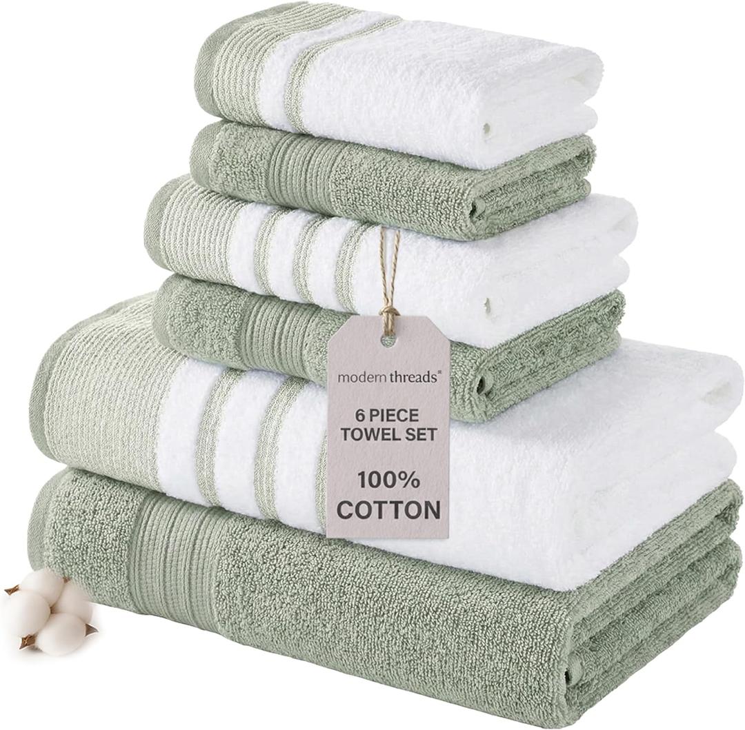 Modern Threads 6-Piece Towel Set  100% Cotton, Quick Dry, Ultra Absorbent  Includes 2 Bath, 2 Hand, 2 Washcloths (White/Reinhart Sage) (Green)