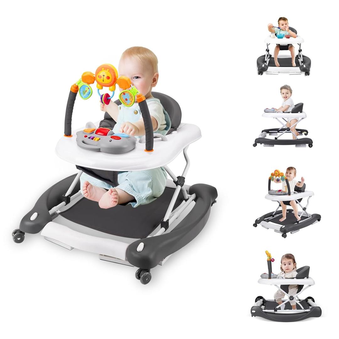 Baby Walker, 5-in-1 Baby Walkers for Boys and Girls 6-12 Months with Bouncer, Removable Footrest, Feeding Tray & Music, Foldable & Adjustable Activity Walker for 6-18 Months Toddler Infant,  c-grey