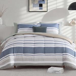 Monbix Queen Comforter Set - 7 Pieces Bed in a Bag Queen, Ocean Blue-Stripe Bedding Sets, All Seasons Comforter Bed Set with Sheets, Pillowcases & Shams