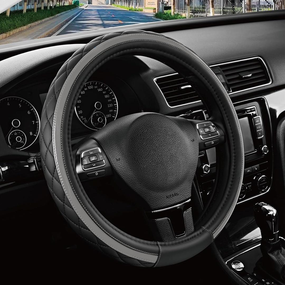 Road Comforts Leather Steering Wheel Cover Black & Gray, Universal Fit 14.5-15 Inch, Microfiber Leather, Anti-Slip & Breathable Design for Men and Women