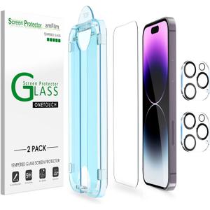 amFilm OneTouch Glass Screen Protector for iPhone 14 Pro 6.1 Inch 2022 with Camera Lens Protector, Easiest Installation, Dynamic Island Compatible, Bubble Free, Tempered Glass, 2+2 Pack