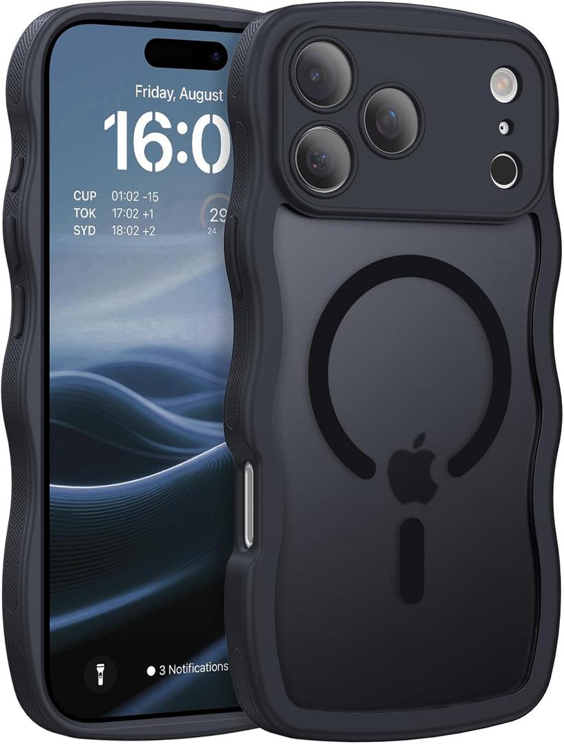 BENTOBEN Magnetic for iPhone 17 Pro Max Case, Cute Wavy [Full Camera Protection][Compatible with MagSafe] Matte Anti-Slip Bumper Women Girls Boys Protective Cover for 17 ProMax 6.9" 2025, Black