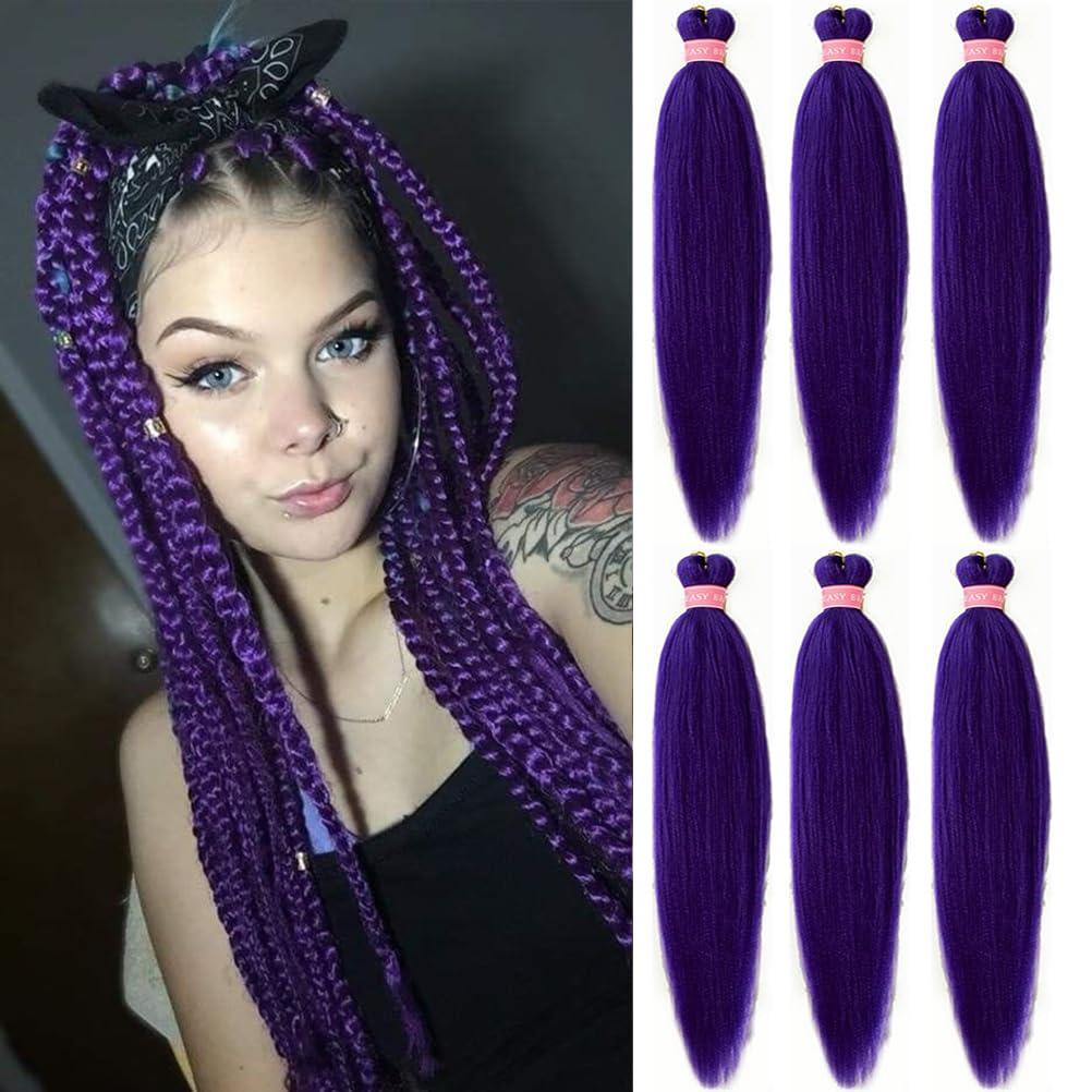 Braiding Hair Pre Stretched 20 Inch 6Pcs/Pack Purple Braiding Hair Extensions For Braids Synthetic Yaki Texture Professional Hot Water Setting Twist Braid Hair For Women(Purple, 20 Inch)