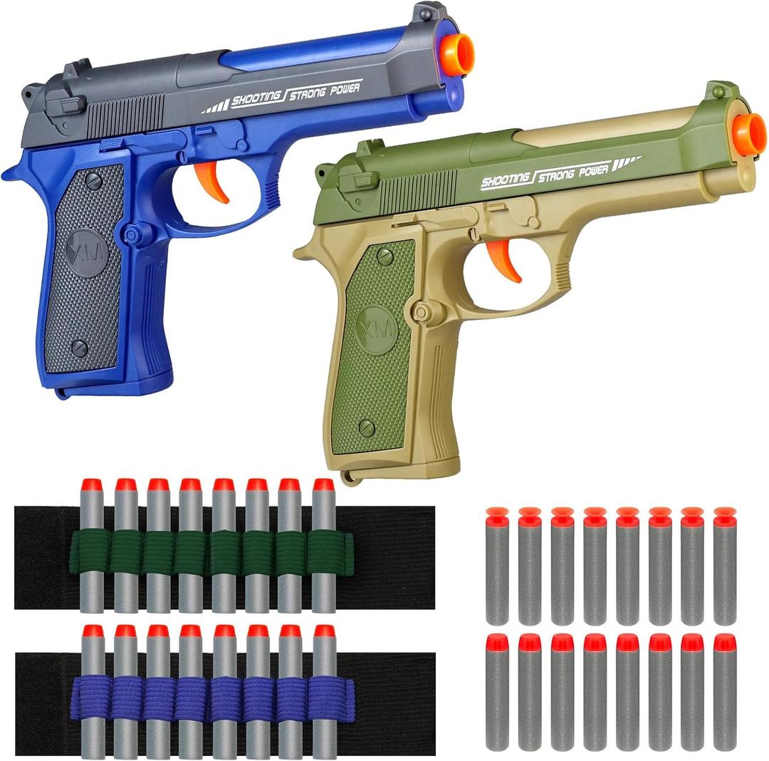 2 Pack Blaster Guns Boys Toy - with 16 Soft Foam Darts Bullets & 2 Wrist Bands - Christmas Birthday Hand Toys Party Supplies for 6,7,8,9,10,11,12 Years Kids(Green Blue)