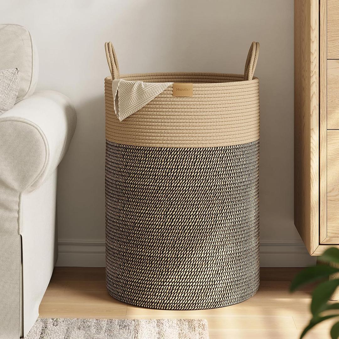 Tall Laundry Basket Hamper 95L,Cotton Rope Storage Hamper with Reinforced Handles,Decorative Blanket & Toy Basket for Living Room, Bedroom, Nursery, Dark Brown, 95L/25.1Gal