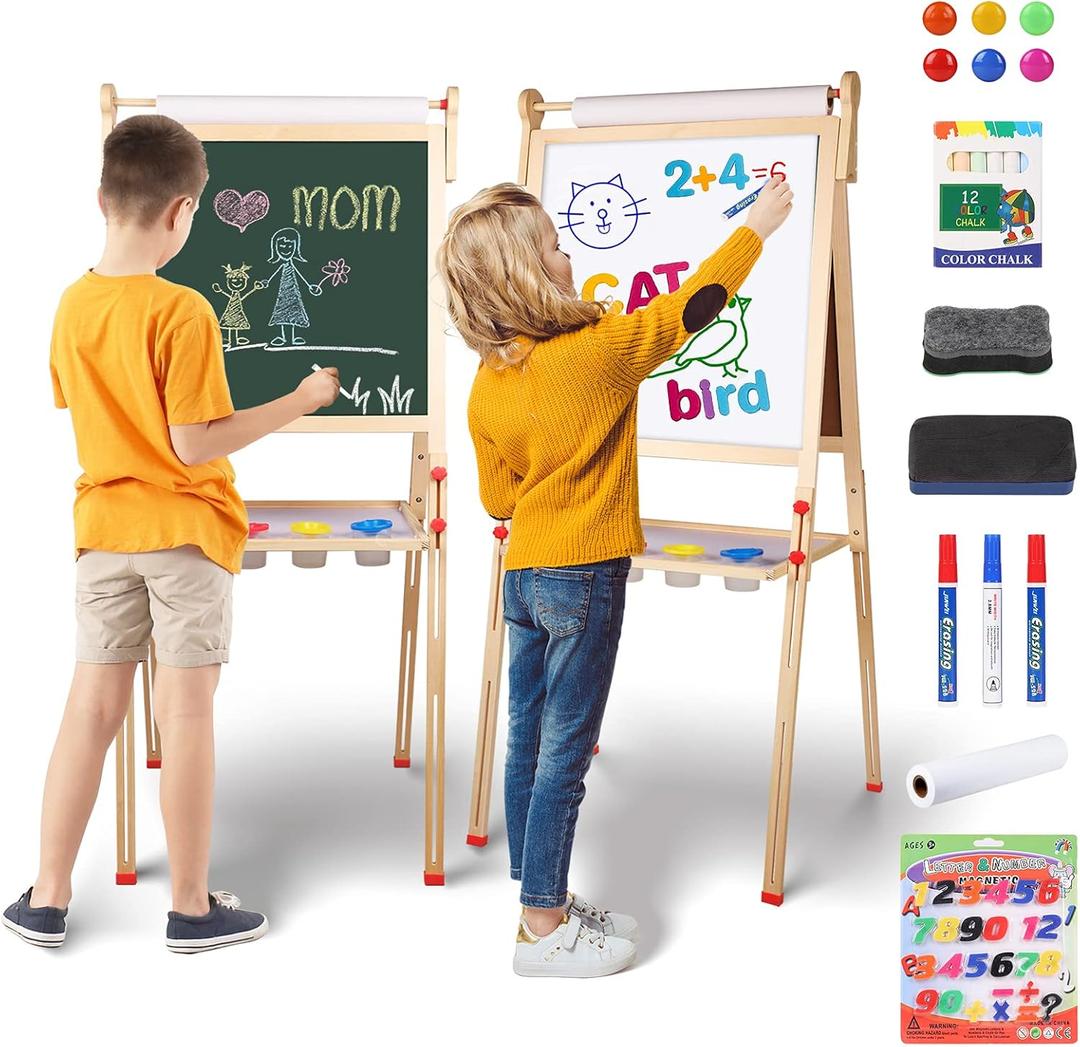 YOHOOLYO Kids Easel Wooden Children Art Easel Paper Roll,Double Sided Magnetic Whiteboard Chalkboard Dry Eraser Adjustable Height for Boys Girls Gifts (Beige)