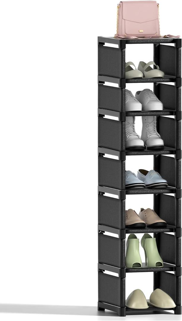 Narrow Shoe Rack 8 Tier, Slim Vertical Shoe Organizer for Small Spaces, Stackable Shoe Storage Shelf with Metal Frame & Fabric Shelves, Shoe Rack for Closet Entryway Bedroom
