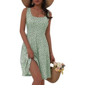 FENSACE Summer Dresses for Women Sleeveless Knee Length Floral Tank Dress (Green, XL)